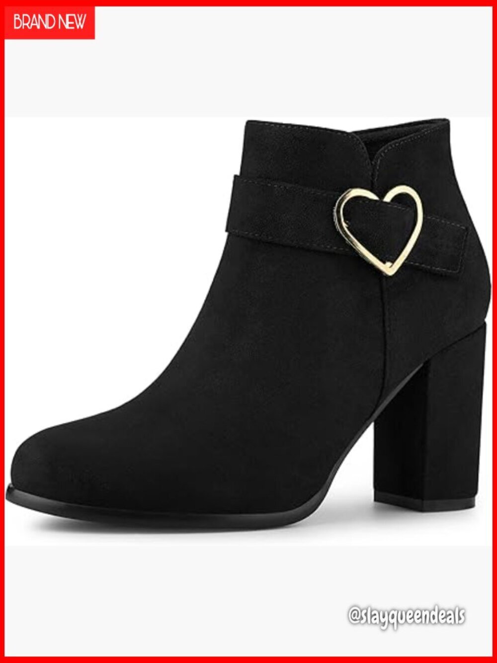 Chunky Heel Ankle Boots with Side Zip and Heart Buckle